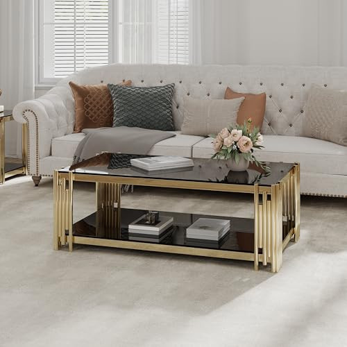 Luxrious Gold Black Coffee Table with Golden Stainless Steel Frame, Double-Layer Glass Top for Living Room, Rectangular Central Cocktail Table | Amazon (US)