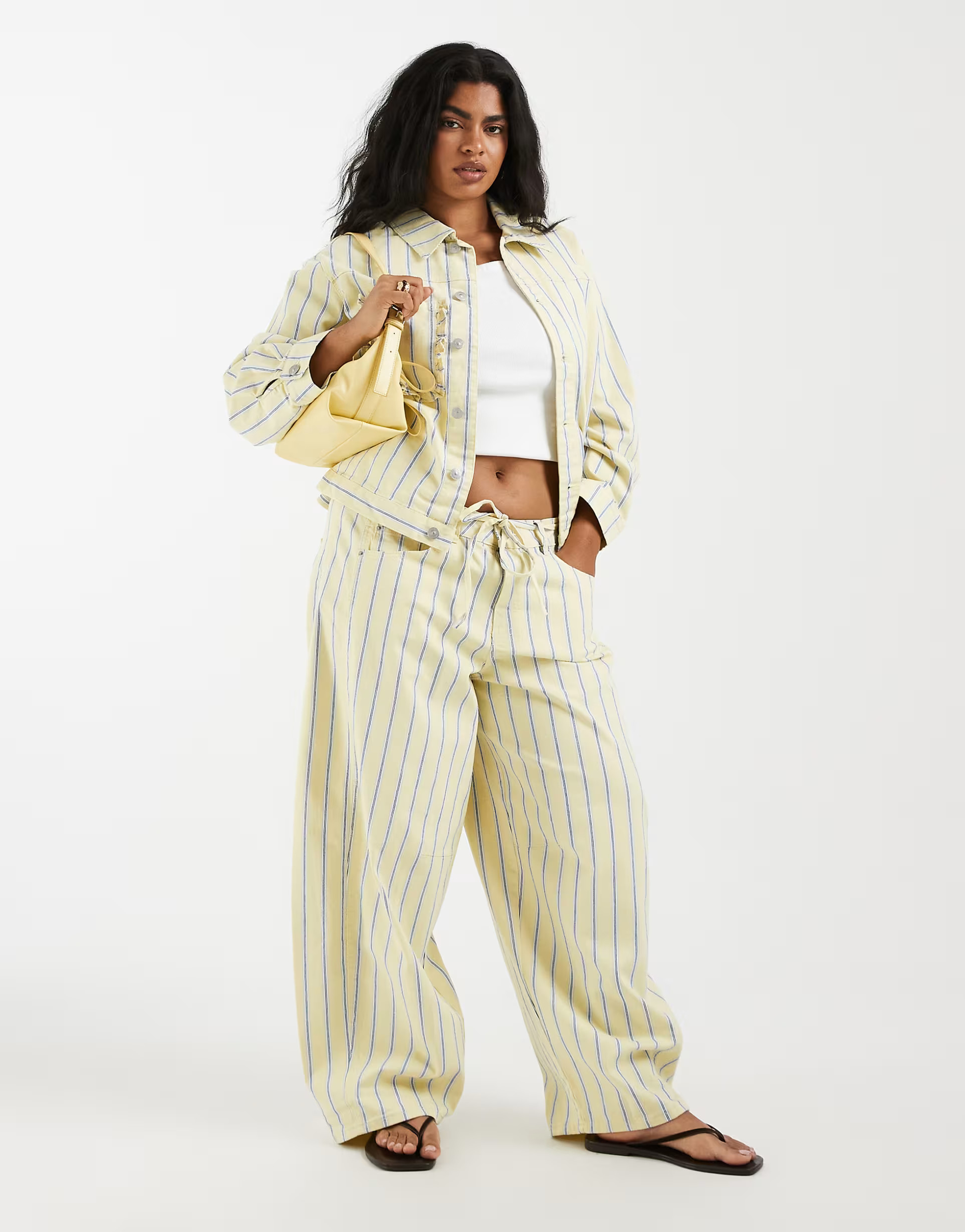 Pieces denim jacket and barrel jeans set in yellow and blue stripe | ASOS (Global)