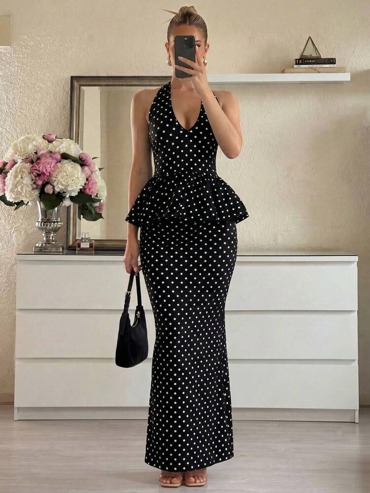 Lumalex Women's Polka Dot Halter Tie Backless Top And Mini Skirt 2-Piece Set, Fashionable Date Ou... | SHEIN