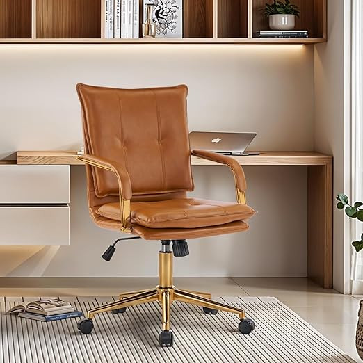 MOJAY Mid-Back Ergonomic Leather Office Chair, Modern Upholstered Executive Desk Chair with Gold ... | Amazon (US)
