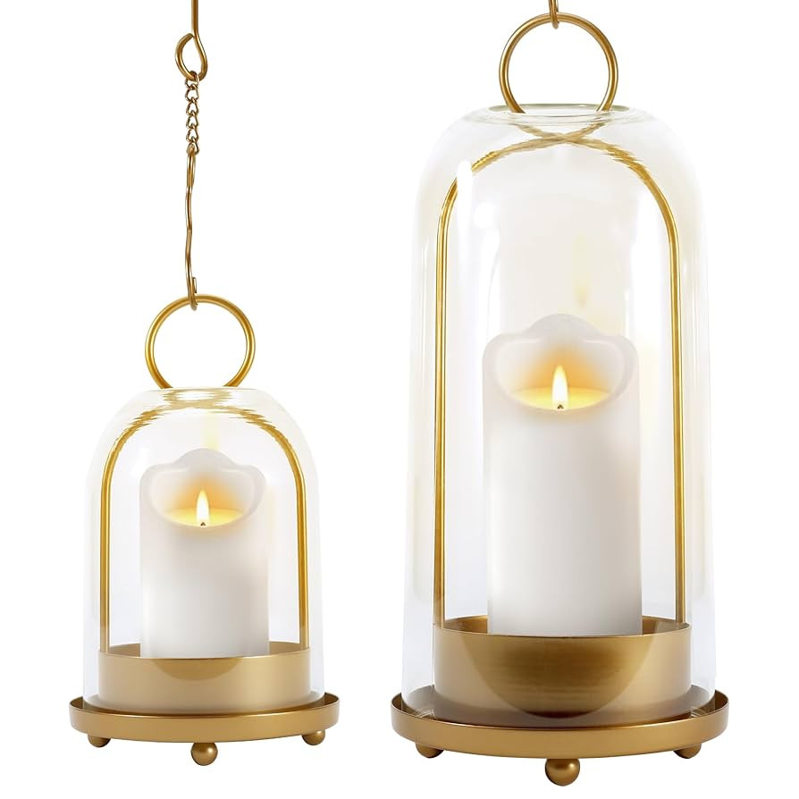 Hurricane Glass Candle Holders, Large & Medium Brass Lanterns Hurricane Candlestick Holder for Pi... | Amazon (US)