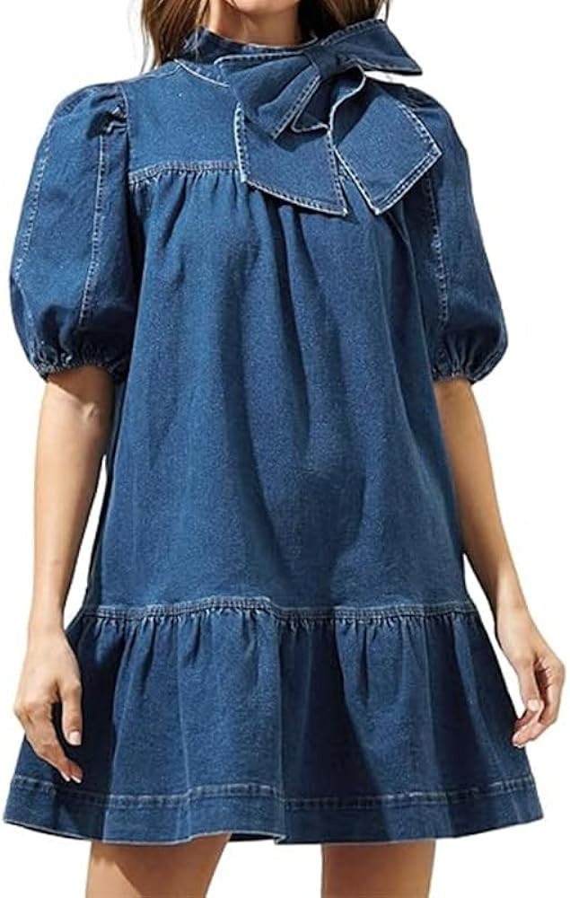 Women Summer Puff Short Sleeve Denim Dress with Bow Mock Neck Ruffle Mini Babydoll Dress Casual J... | Amazon (US)