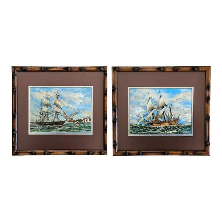 Vintage Nautical Clipper Ship Color Foil Prints Framed in Faux Bamboo Frames- A Pair | Chairish
