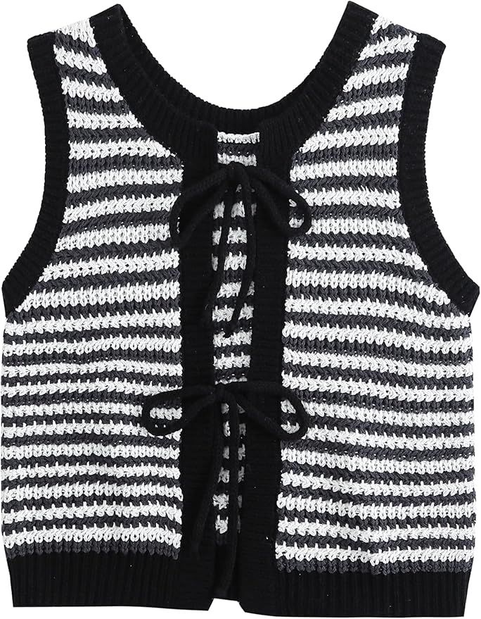 Sweater Vest Women Casual Sleeveless Crochet Tops Color Block Tie Back Knit Tank Tops | Amazon (US)