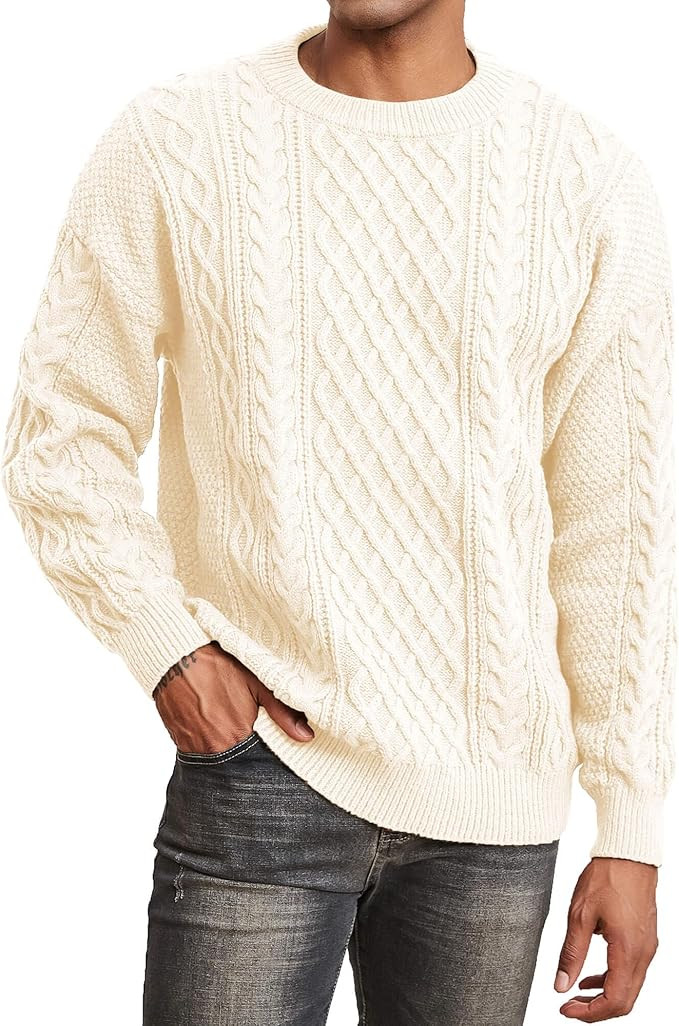 Men's Knit Sweater Crewneck Loose Fit Casual Twist Patterned Textured Long Sleeve Cable Knitted P... | Amazon (US)
