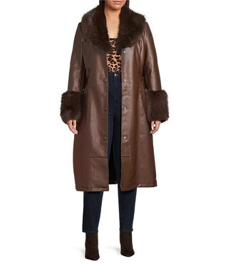 Azalea Wang Plus Size Kaya Faux Fur Leather Oversize Shawl Collar Belted Snap Front Trench Coat |... | Dillard's