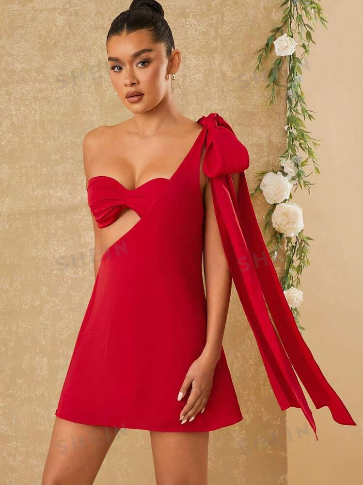 SHEIN Haute One Shoulder Flared Mini Dress Ruched Inner Top 2 PC Set Christmas Dress | SHEIN