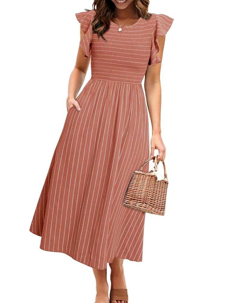 Simplee Womens Striped Midi Summer Dress Smocked Flutter Short Sleeve Dress 2025 Flowy Casual Dre... | Amazon (US)