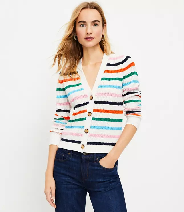 Stripe Ribbed V-Neck Cardigan | LOFT