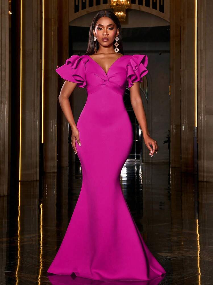 Faeriesty Twist Front Ruffle Sleeves Formal Mermaid Dress, Party Dress, Wedding Guest Dress, Evening Dress,Gown | SHEIN