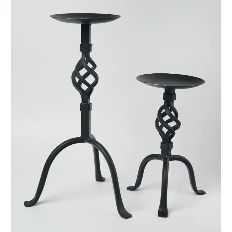 Vintage Black Wrought Iron Spiral Pillar Candle Holders Pair Tripod Legs 14" & 9.5" | Etsy (Global)