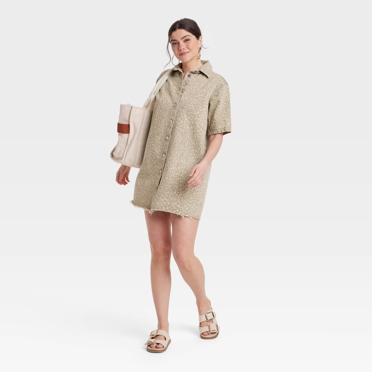 Women's Leopard Denim Mini Shirtdress - Universal Thread™ Tan M: Recycled Cotton, Front Button ... | Target
