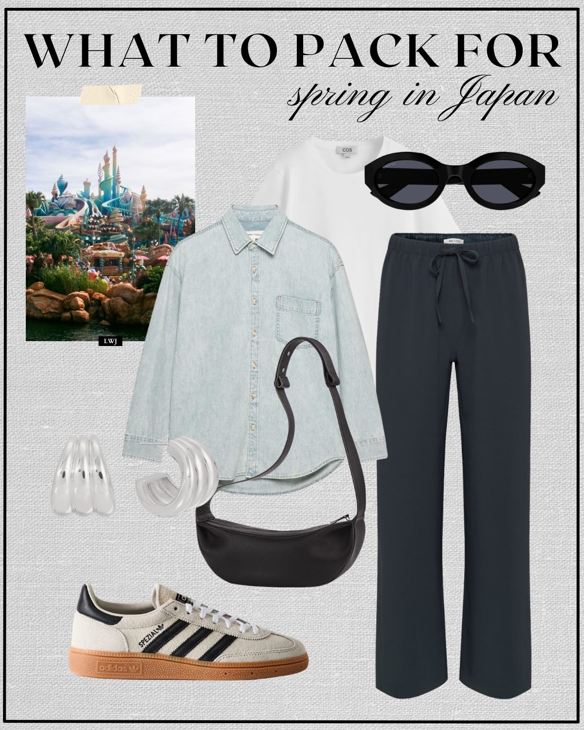japan spring outfit 

spring travel / spring style / disney sea outfit / tokyo disneyland outfit / aritzia lodge pants / denim shirt / adidas handball spezial sneakers / minimal leather crossbody 

 

#LTKTravel