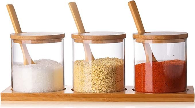 Condiment Container Seasoning Box Set Glass Condiment Canisters Pots with Wooden Spoon Lid and Ba... | Amazon (US)