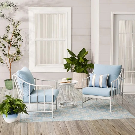 Better Homes & Gardens Aubrey 3-Piece Metal Outdoor Chat Set, White & Blue | Walmart (US)