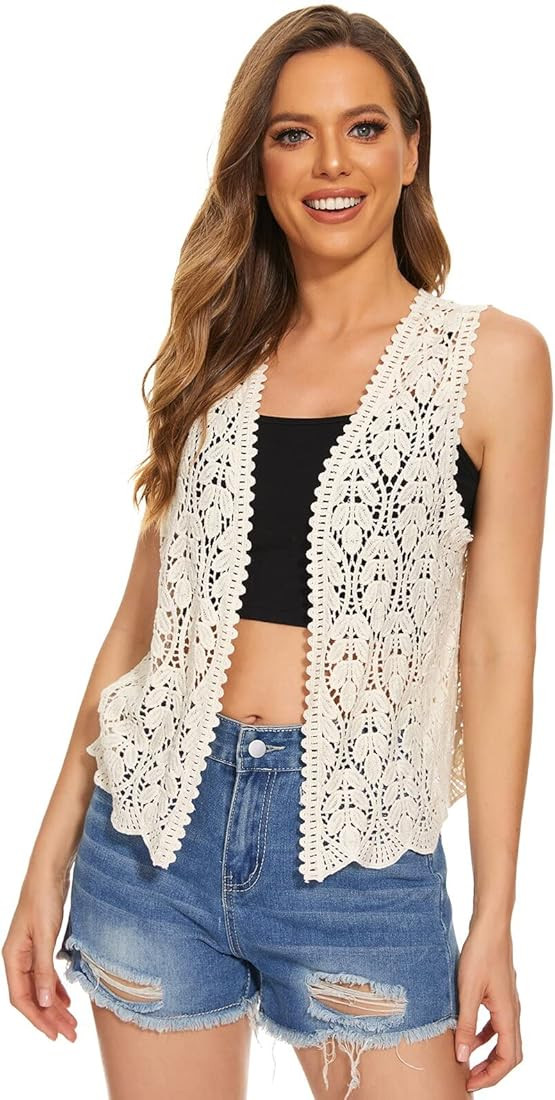 Womens Floral Crochet Lace Trim Sleeveless Open Front Vest Cardigan | Amazon (US)