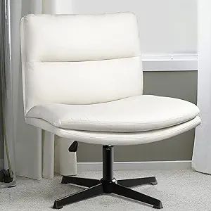 LEMBERI PU Leather armless Office Desk Chair no Wheels,Criss Cross Legged Home Office Chair, Wide... | Amazon (US)