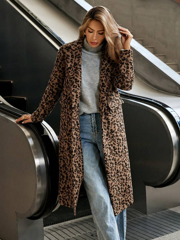 SHEIN Essnce Women's Leopard Print Lapel Collar Long Sleeve Long Blend Coat, Winter Women Jacket ... | SHEIN