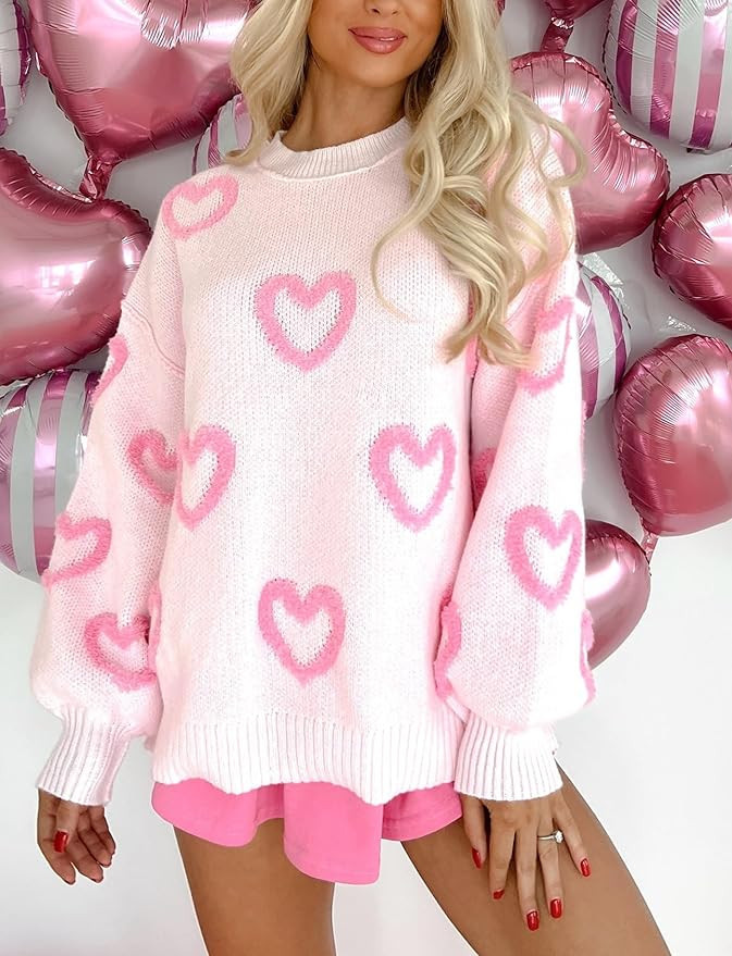 Women Cute Oversized Sweater Y2k Heart Print Long Sleeve Knit Pullover Jumper Crewneck Loose Swea... | Amazon (US)