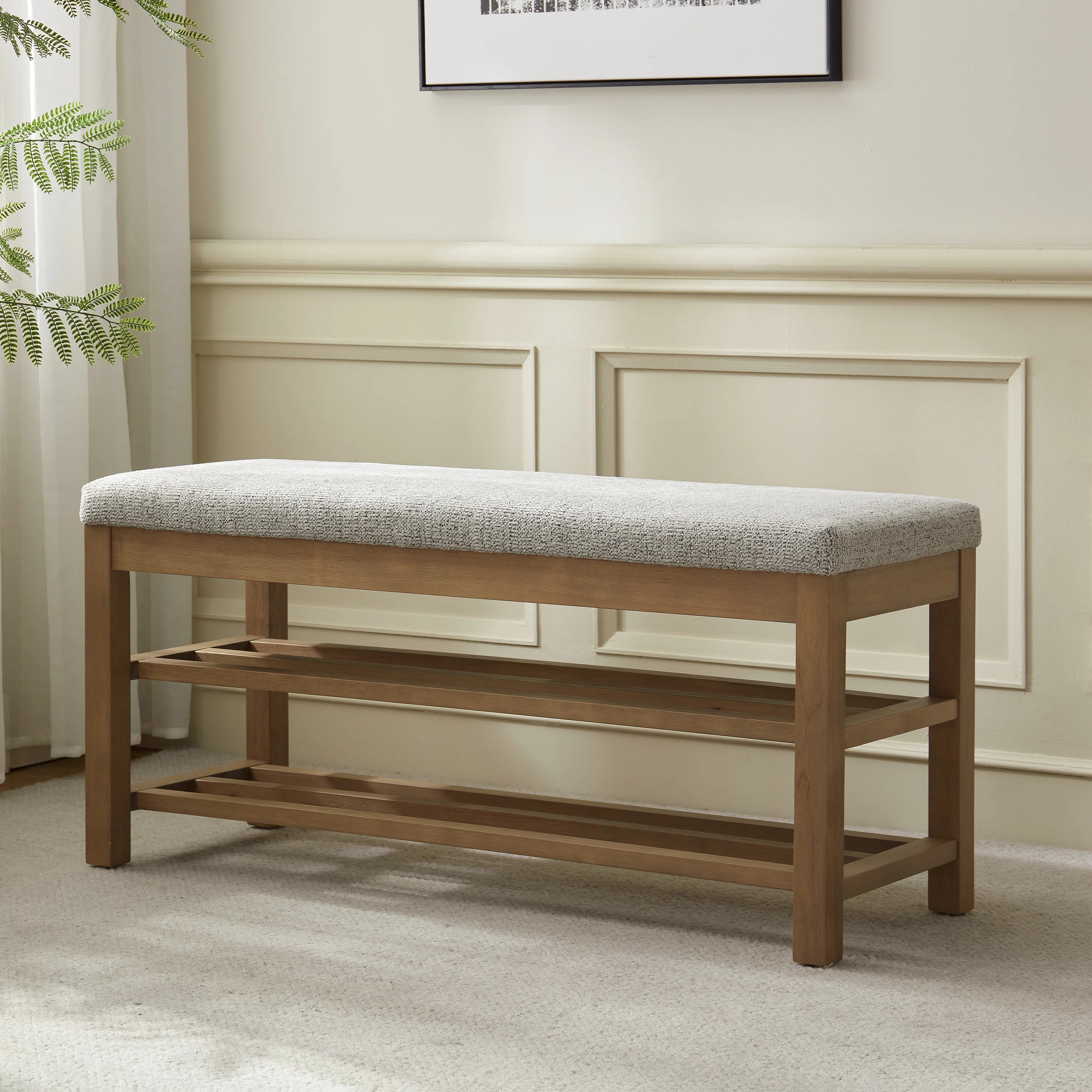 Upholstered Storage Bench with Double-Tier Shoe Rack | Wayfair North America