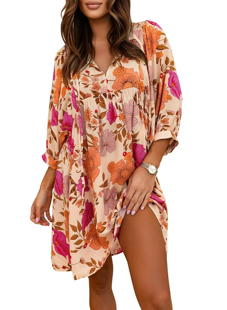 miduo Womens Casual V Neck Summer Half Sleeve Bohemian Floral Mini Tunic Short Dresses | Amazon (US)
