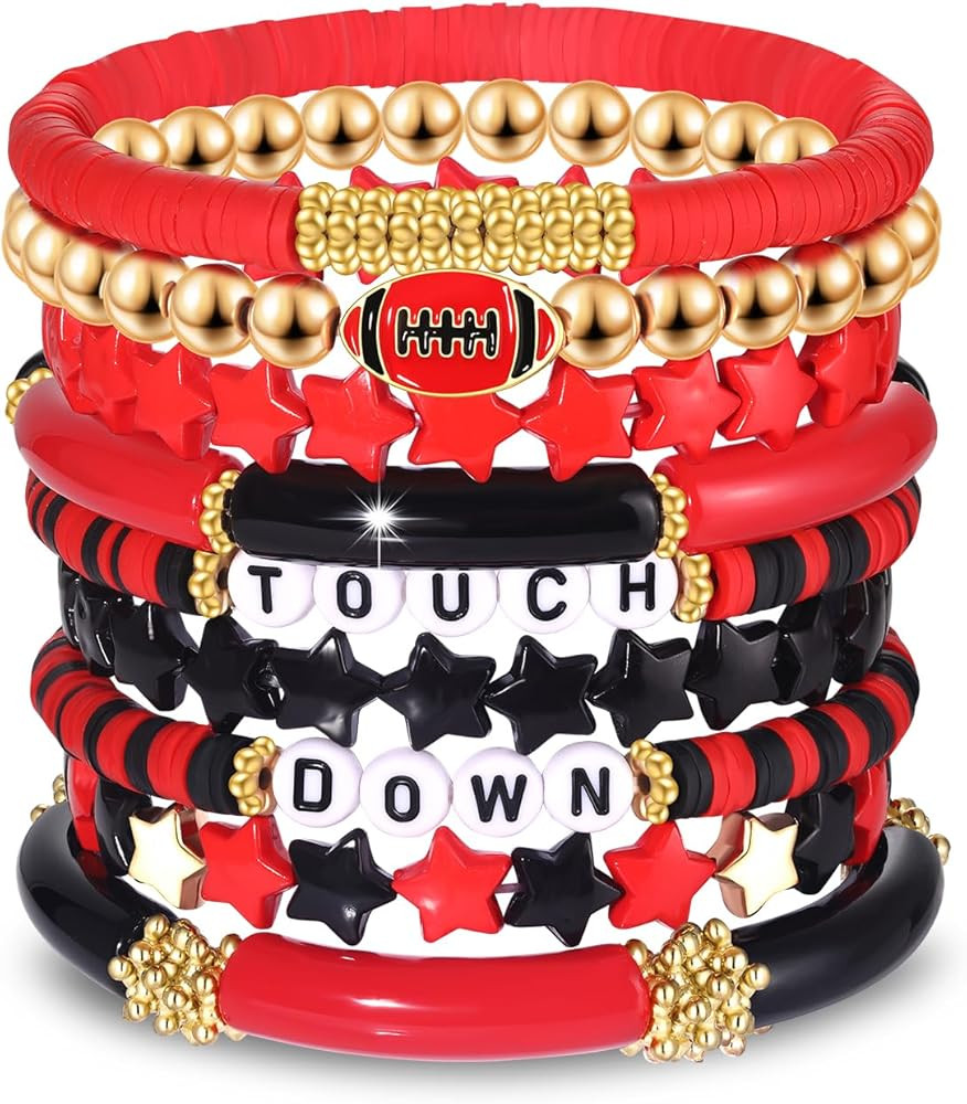 Game Day Bracelets for Women - Red, Black, Blue Heishi Clay Beaded Stretch Bracelets - Stackable ... | Amazon (US)