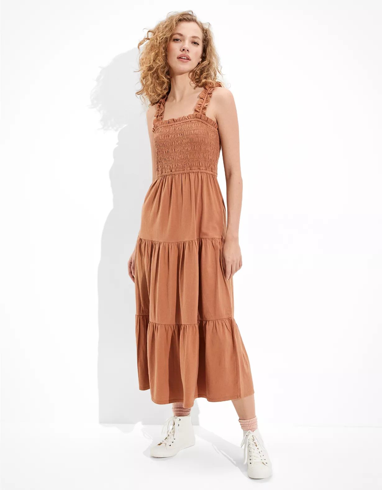 AE Ruffle Smocked Midi Dress | American Eagle Outfitters (US & CA)