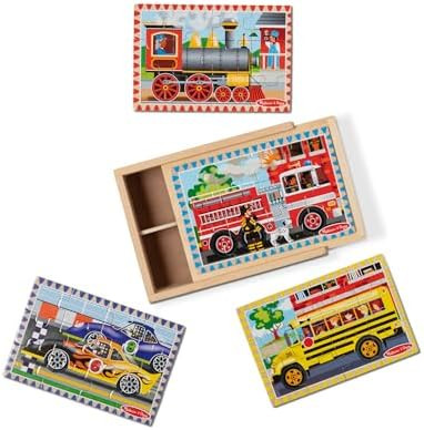 Melissa & Doug 4‑in‑1 Wooden Vehicle Jigsaw Puzzle Set, 48 Pieces with Storage Box, Toddler P... | Amazon (US)