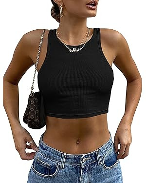 Mokoru Women's Sexy Sleeveless Crop Tank Top Basic Ribbed High Neck Racerback Cropped Top | Amazon (US)