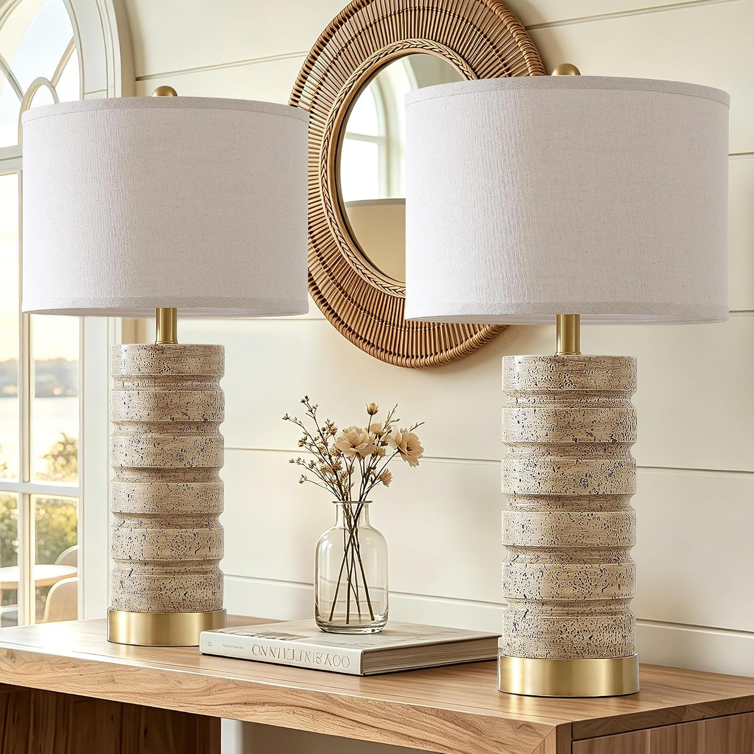 26" Set of 2 Travertine Resin Table Lamps for Bedroom, Brass Base | Amazon (US)