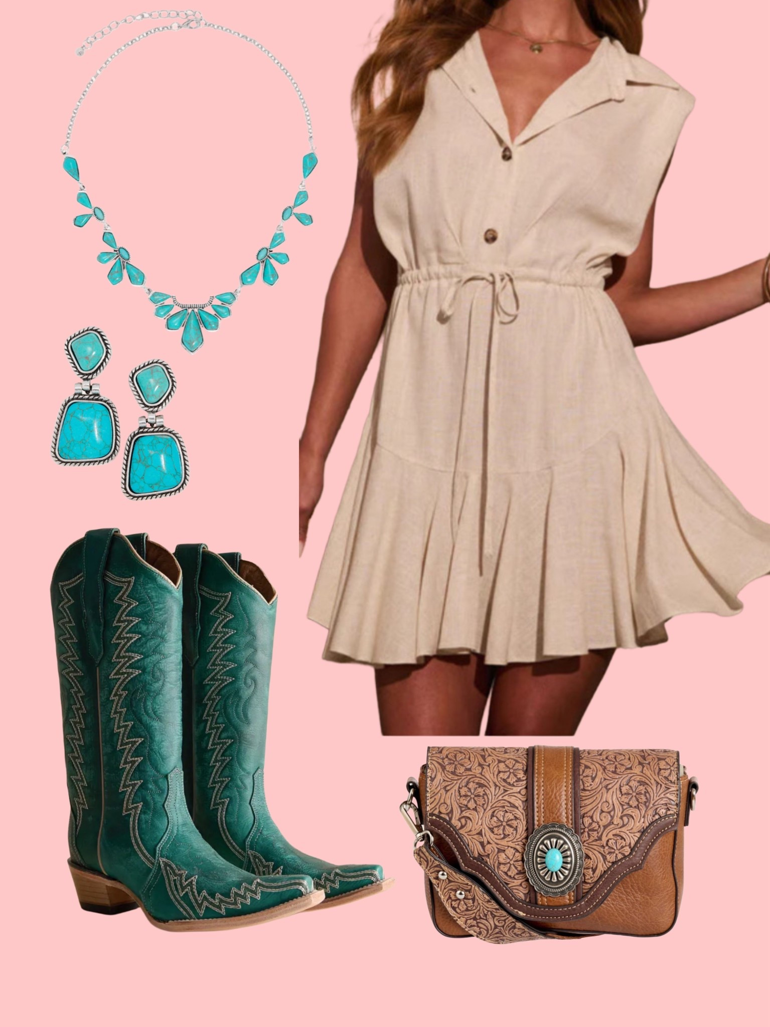 Neutral mini dress paired with turquoise boots and accessories! Code LORILYNN35 to save on dress 

#LTKFestival #LTKootd #LTKSeasonal