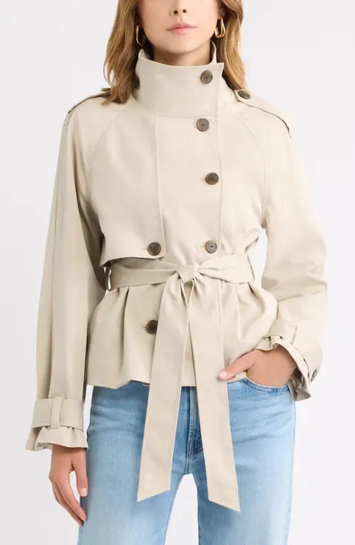 Open Edit Double Breasted Crop Trench Coat in Grey Feather at Nordstrom, Size Small | Nordstrom
