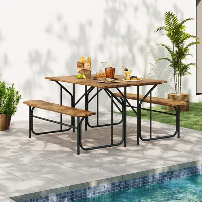 2PCS Table Bench Set for Picnic Table & Loveseat w/Acacia Wood Top Metal Legs | Wayfair North America