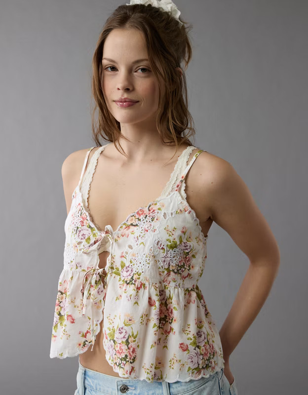 AE Tie Front Embroidered Tank Top | American Eagle Outfitters (US & CA)
