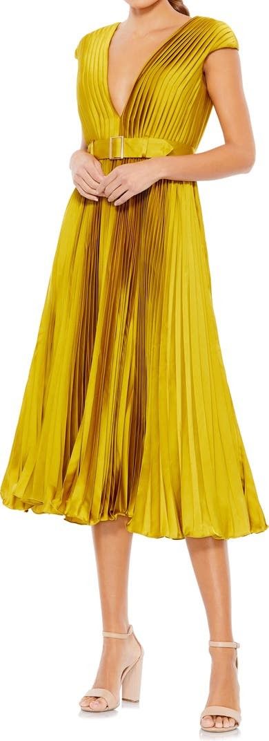 Mac Duggal Pleated Cap Sleeve Satin Midi Gown | Yellow Dress | Nordstrom