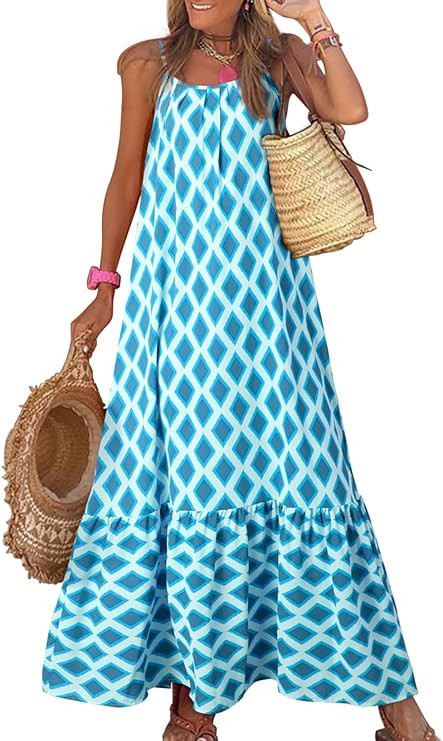 Dokotoo Women Summer Dresses 2026 Spaghetti Strap Scoop Neck Smocked Ruffle Flowy Boho Maxi Dress | Amazon (US)