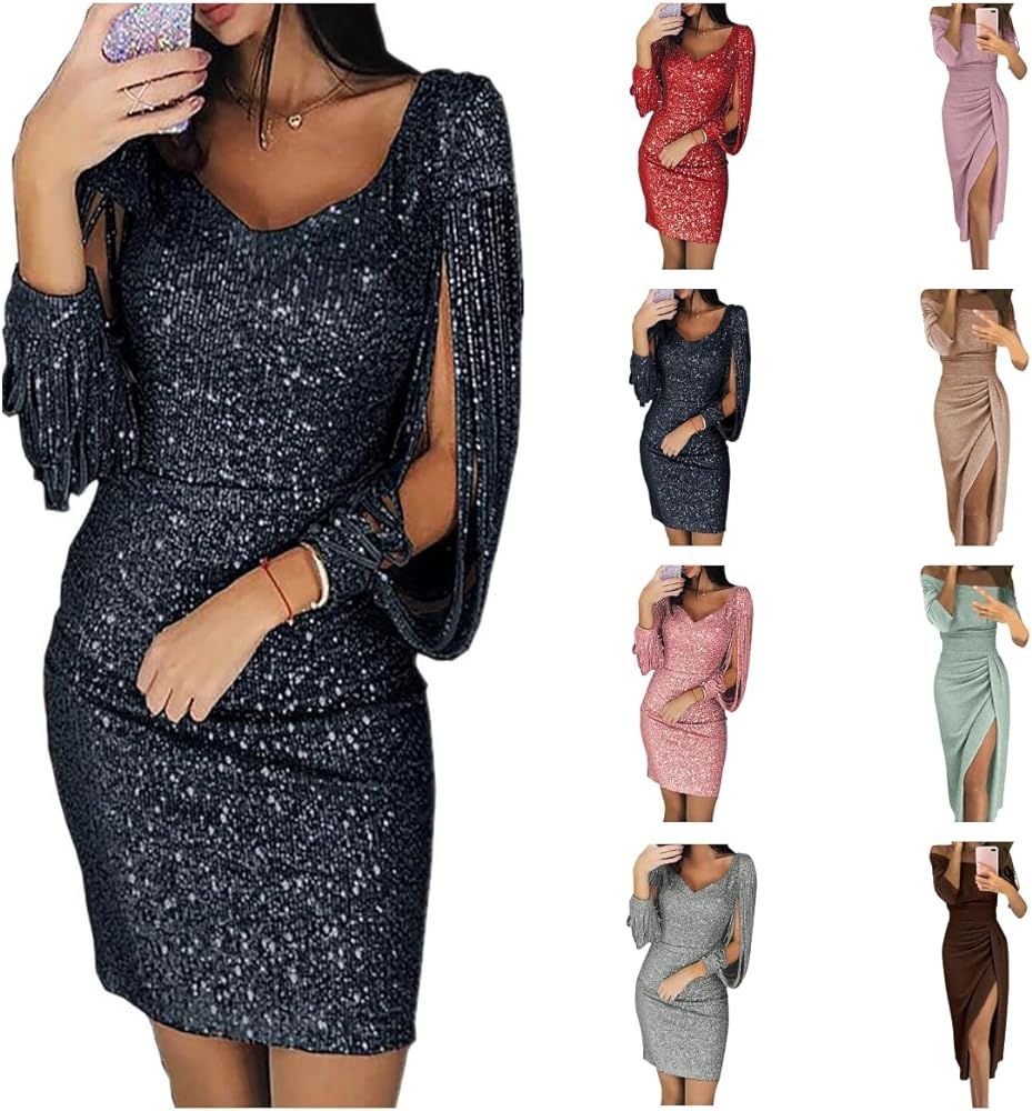 Evening Dresses for Women Elegant Long Sleeve Sequin Mini Dresses Sexy Ruched Bodycon Sparkly Gli... | Amazon (US)
