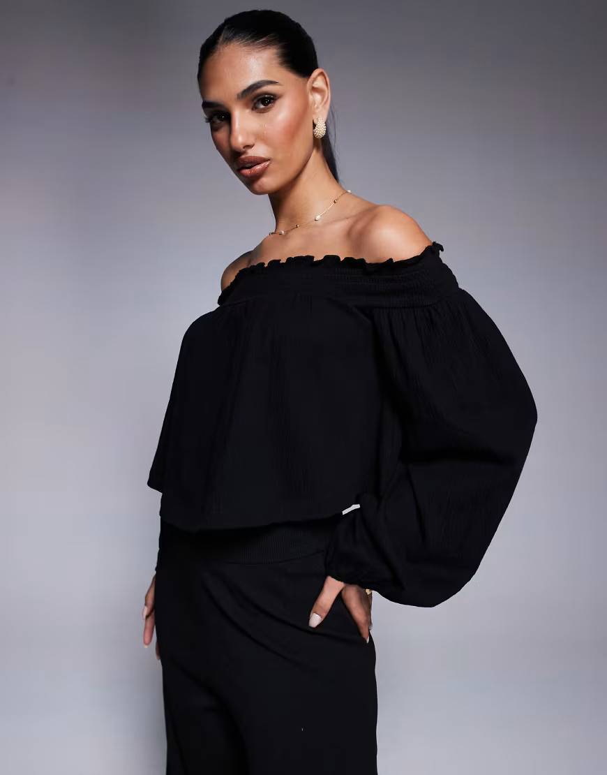 ASOS DESIGN crinkle off shoulder balloon sleeve top in black | ASOS (Global)