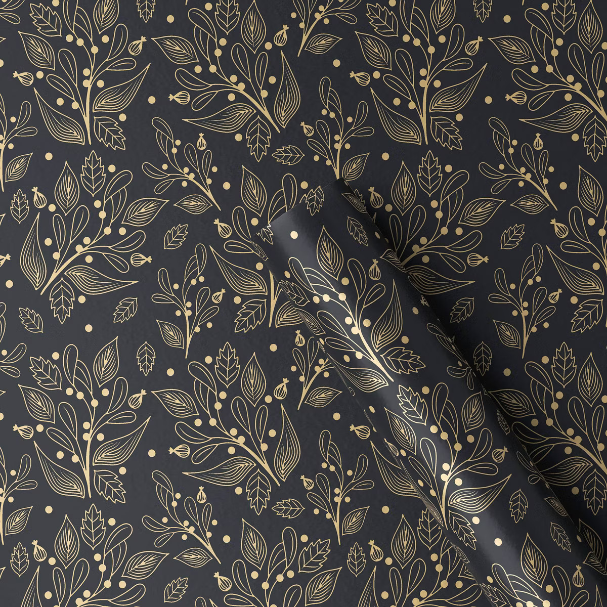 30" 25 sq ft Christmas Roll Wrap Gold Botanical on Black - Wondershop™ | Target