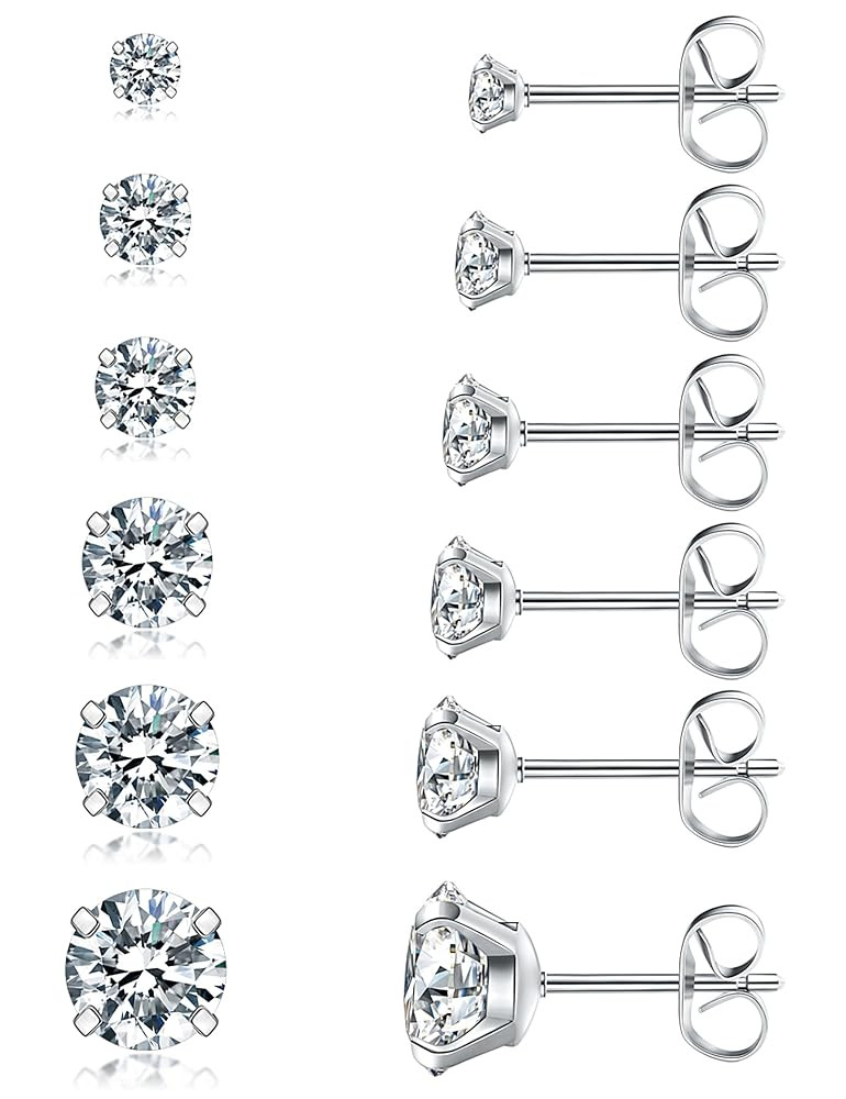 6 Pairs Stud Earrings Set, Hypoallergenic Cubic Zirconia 316L Earrings Stainless Steel CZ Earring... | Amazon (US)