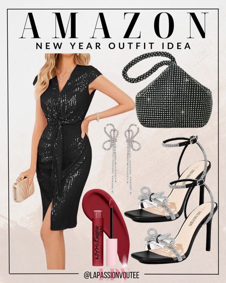 Dazzle into the New Year in a sparkly black dress that exudes sophistication. Complete the look with a glamorous rhinestone clutch, sparkling earrings, and heels that catch every eye. Seal the night with a bold stroke of red lipstick, embracing the perfect blend of elegance and allure. Amazon's got your glam game covered!

#LTKstyletip #LTKSeasonal #LTKHoliday