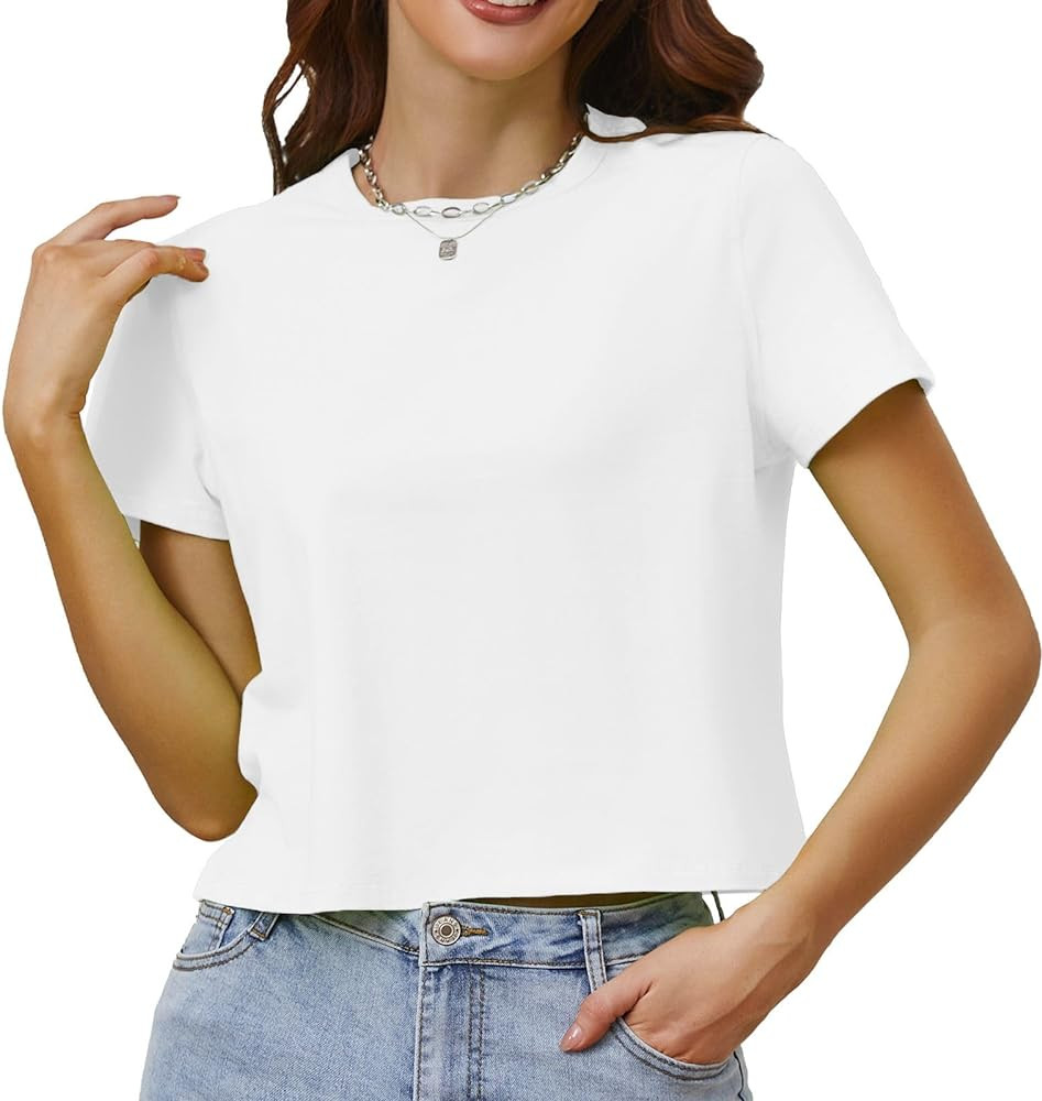 Cotton T Shirts for Women Loose Fit Casual Crewneck Basic Tee Tshirts Short Sleeve Crop Workout T... | Amazon (US)