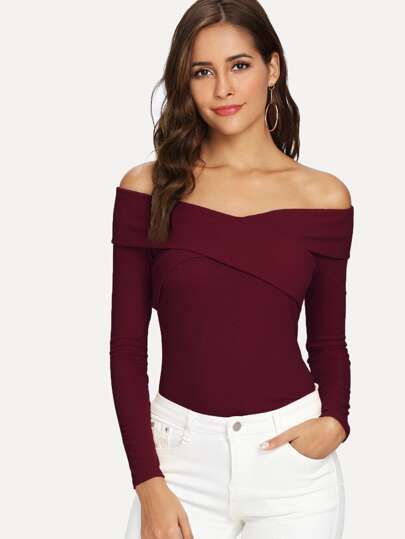 Cross Wrap Front Rib Knit Bardot Tee | SHEIN