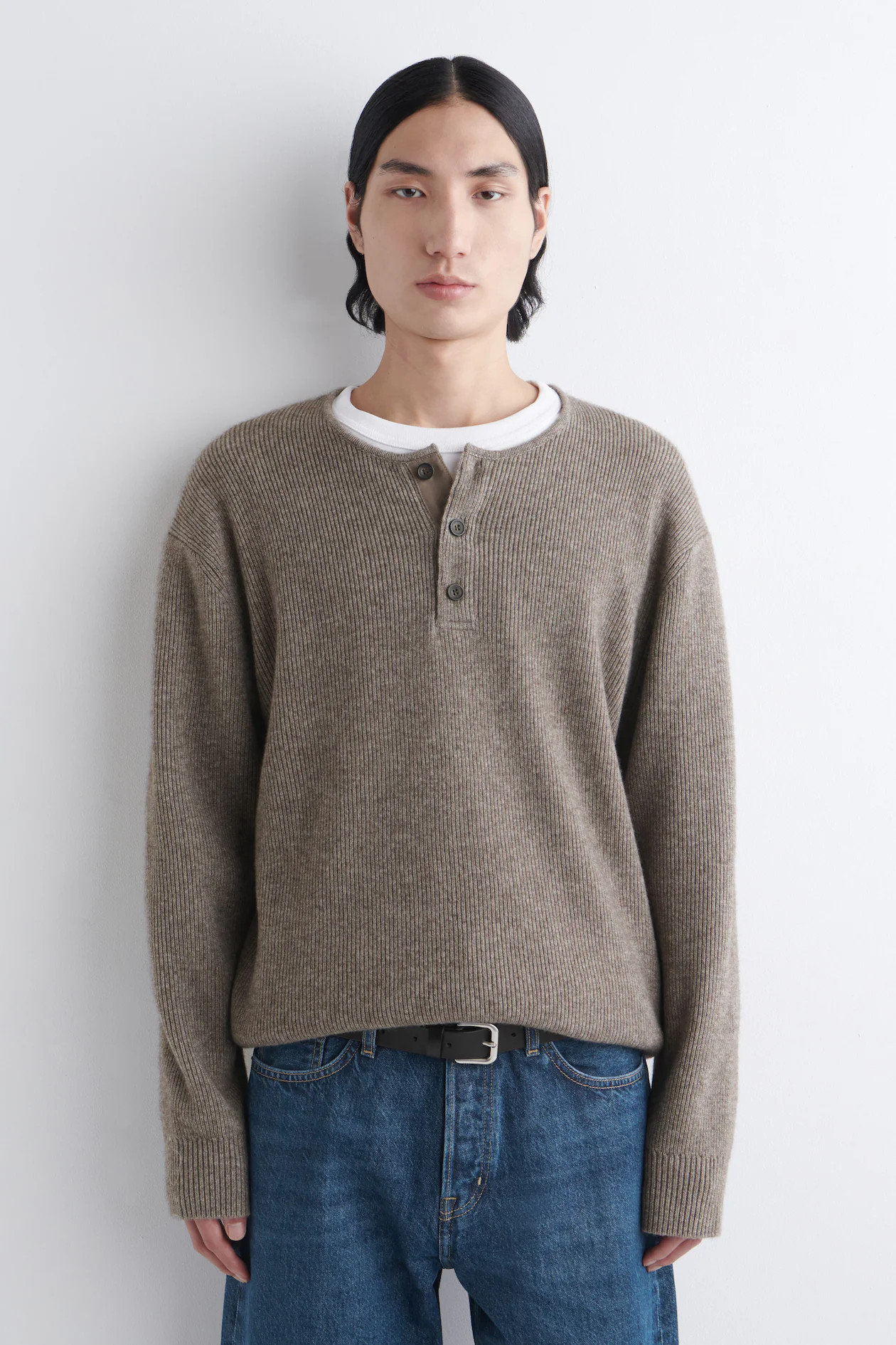 KNITTED MERINO-YAK HENLEY TOP - BEIGE MÉLANGE | COS | COS UK