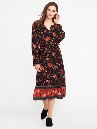 Old Navy Womens Floral Smocked-Waist Midi Dress For Women Black Floral Size S | Old Navy US