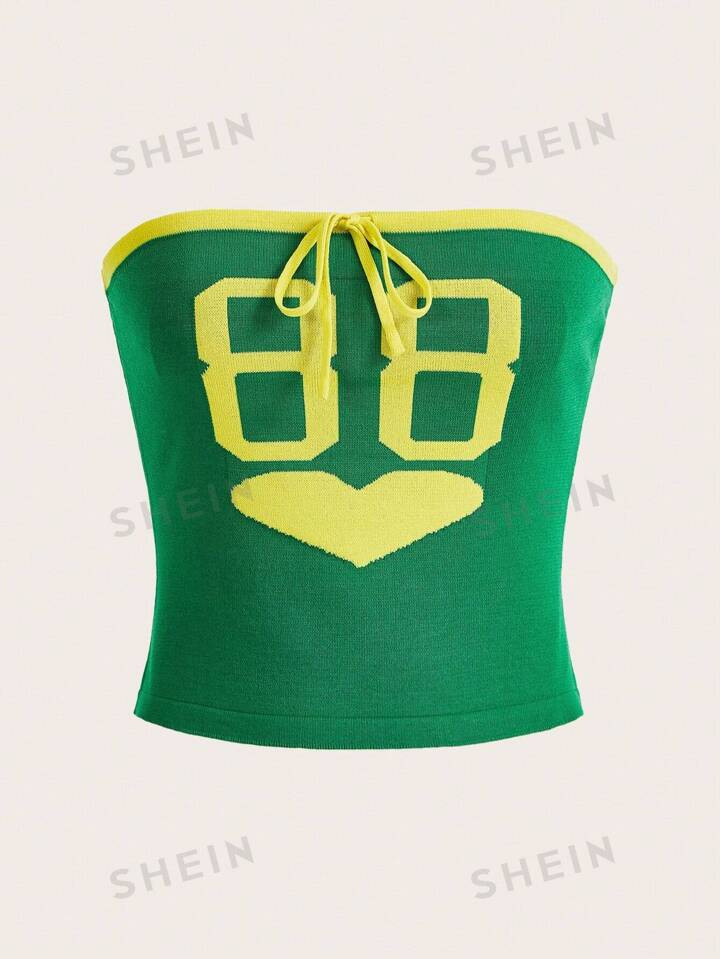 SHEIN Qutie Digital Love Heart & Music Festival Style Cool Women's Knitted Top | SHEIN