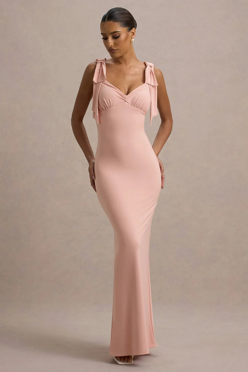Evanna | Pink V-Neck Maxi Dress With Bow Straps | Club L London