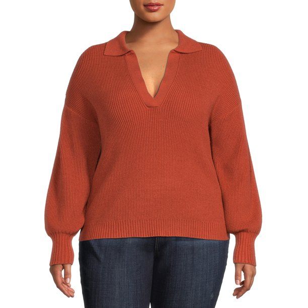 ELOQUII Elements Women's Plus Size Open Neck Polo Sweater | Walmart (US)