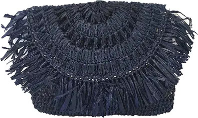 MAR Y SOL Women's Mia Crochet Raffia Fringe Small Clutch, Navy | Amazon (US)