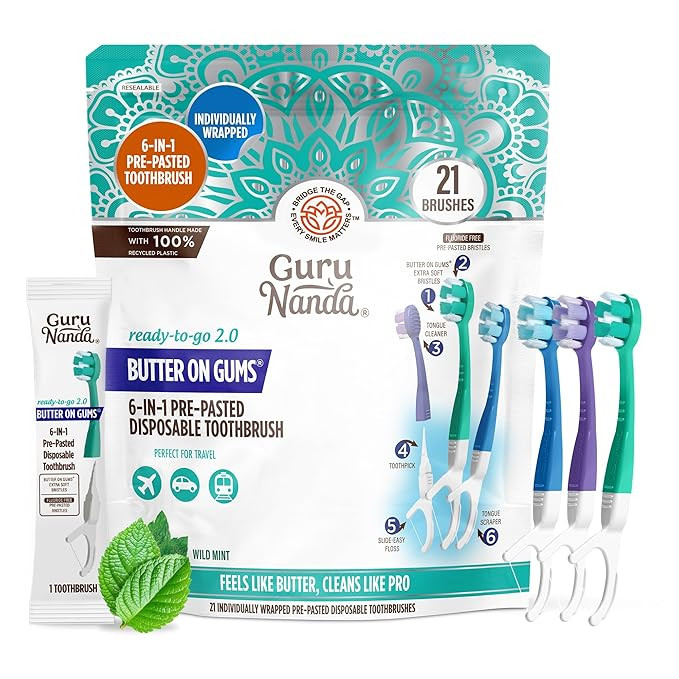 GuruNanda 6-in-1 Ready-to-Go Disposable Toothbrush, Pre-Pasted Butter on Gums Softex Bristles, Fl... | Amazon (US)